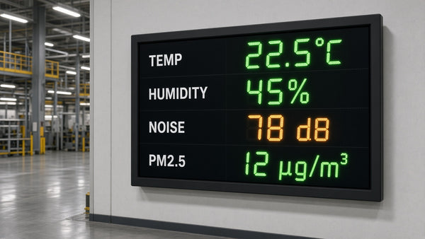 Environment monitoring LED display showing temperature, humidity, noise and air quality readings