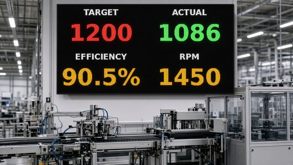 Industrial LED production counter board showing target, actual and efficiency