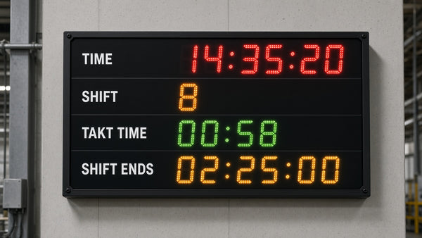 Shift and takt time LED clock board showing time, takt countdown and shift timer