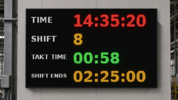 Shift and takt time LED clock board on factory floor