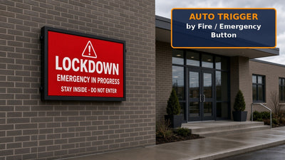 Emergency Alert LED Sign showing LOCKDOWN alert at a school entrance