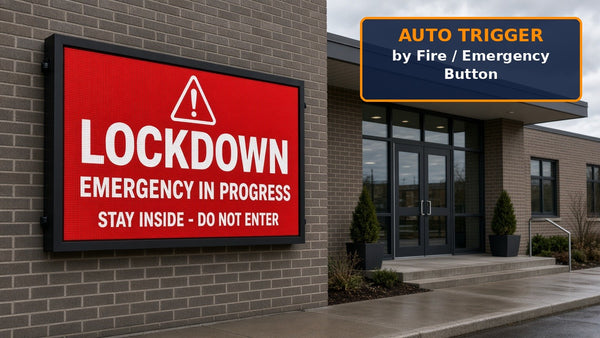 Emergency Alert LED Sign showing LOCKDOWN alert at a school entrance