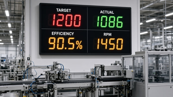 Industrial LED production board showing target, actual, efficiency and RPM