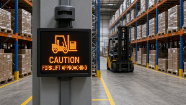 Forklift and pedestrian LED warning sign at a warehouse intersection