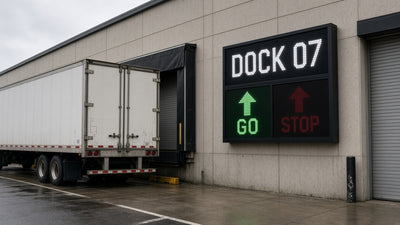 Loading dock LED signal sign showing stop and go status with dock door number