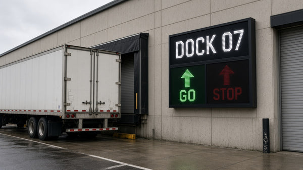 Loading dock LED signal sign showing stop and go status with dock door number