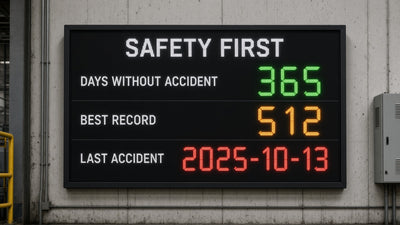 Safety record LED board showing days without a lost-time accident and best record