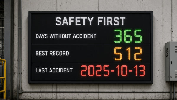 Safety record LED board showing days without a lost-time accident and best record