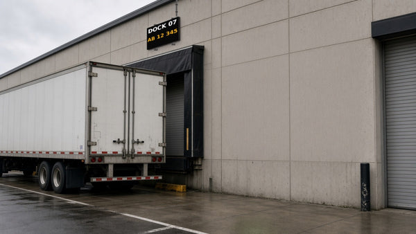 Loading dock LED sign mounted above dock door showing DOCK 07 and truck plate number