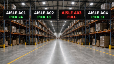 Warehouse management LED aisle signs showing pick counts