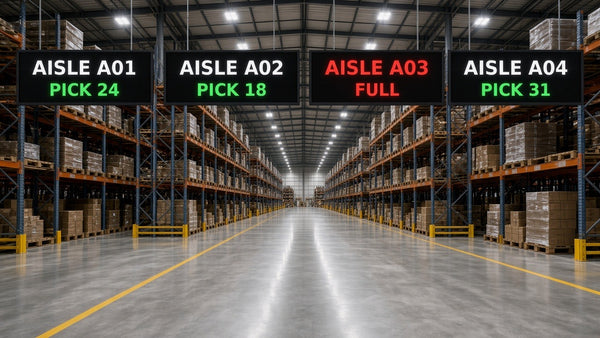 Warehouse management LED aisle signs showing pick counts